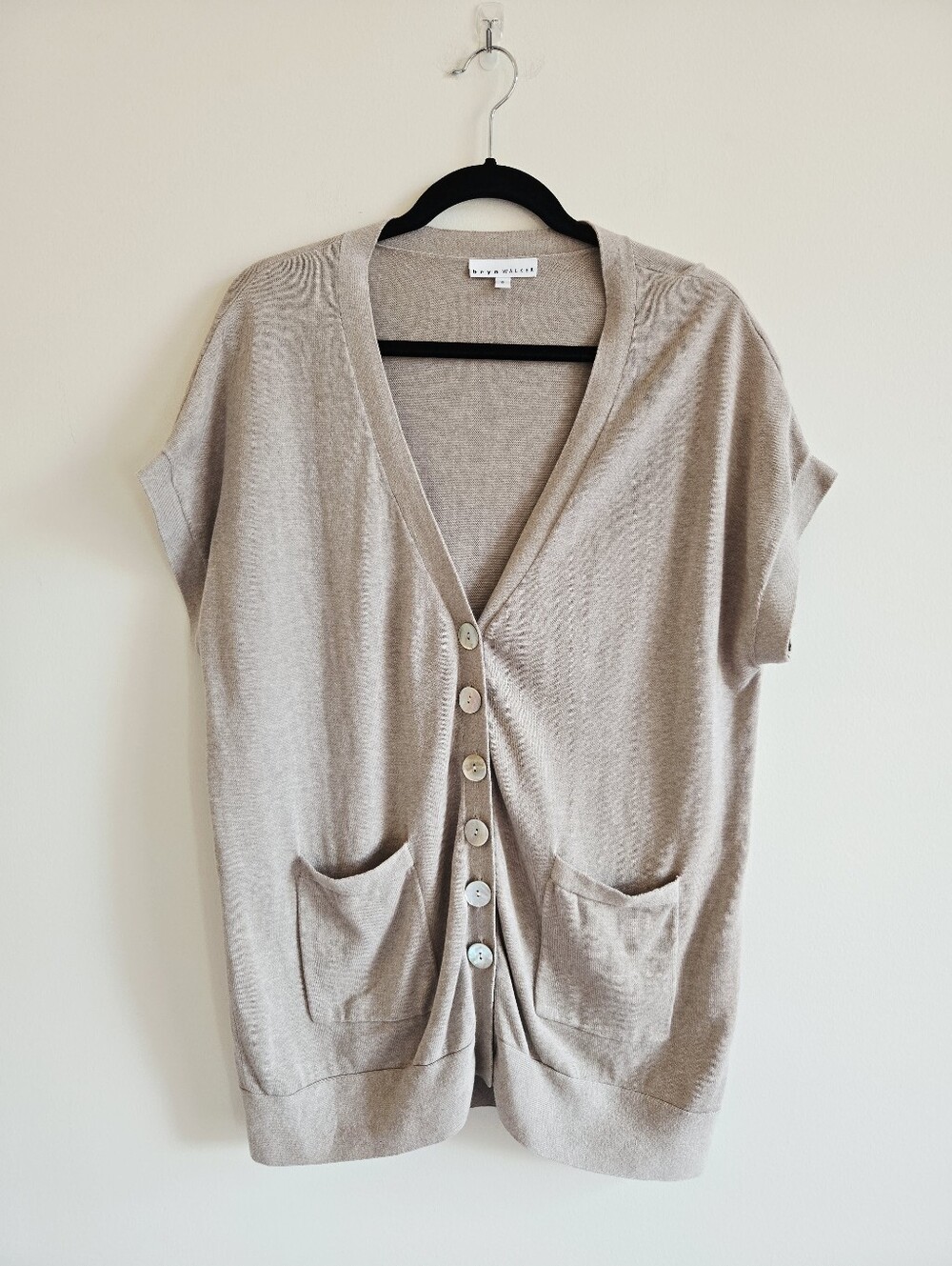 BRYN WALKER | S Oversized 100% Cotton Short Sleeve Cardigan | light tan